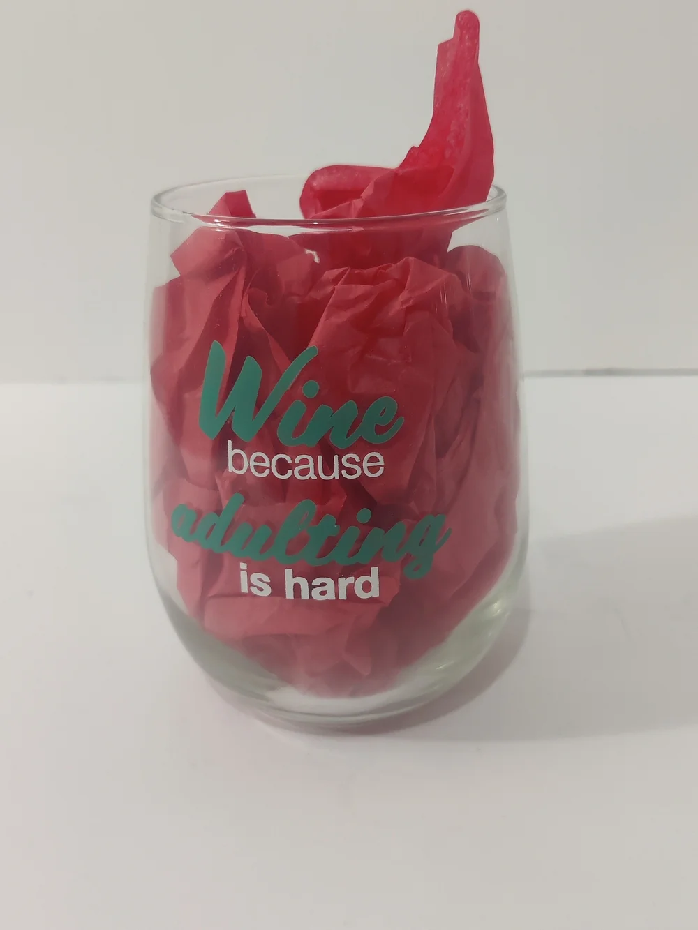 Stemless Wine Glass - Teal Script 